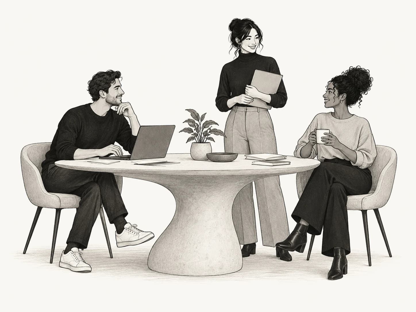 Monochrome illustration of three colleagues sharing ideas around a table.